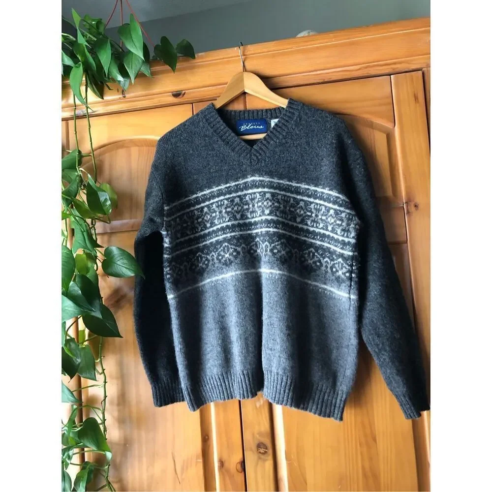 Express Bleus Wool Fair Isle V-Neck Sweater Gray Men’s L